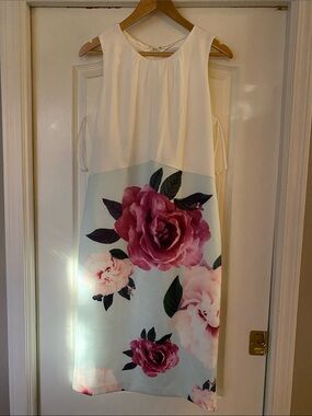 Ted Baker London Cream and Pink Floral Sleeveless Midi Dress